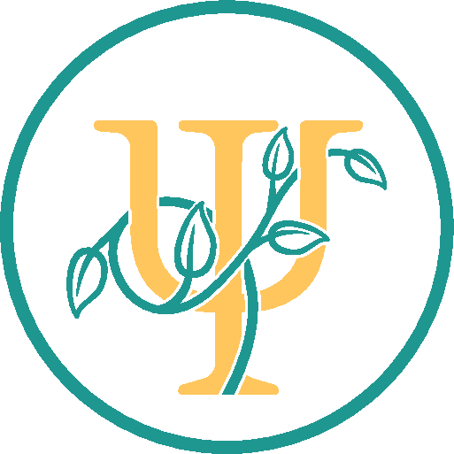 Pause Psychology Logo - Greek letter 'psi' in yellow, lightly wrapped in green branches