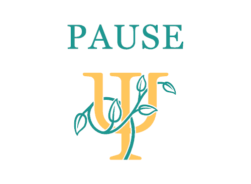 Pause Psychology Logo - Greek letter 'psi' in yellow, lightly wrapped in green branches